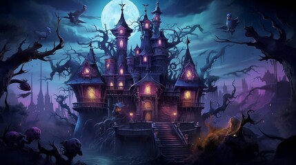 Wall Mural - A dark-fantasy castle inhabited by mythical creatures. Digital concept, illustration painting.