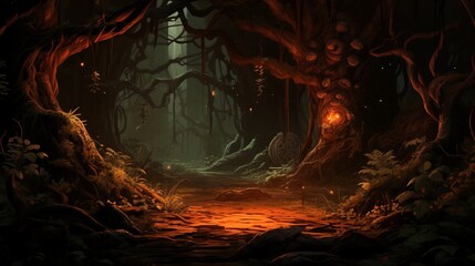 Wall Mural - A dark-fantasy forest inhabited by mythical creatures and spectral guardians. Digital concept, illustration painting.