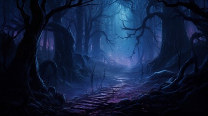 Wall Mural - A dark-fantasy forest inhabited by mythical creatures and spectral guardians. Digital concept, illustration painting.