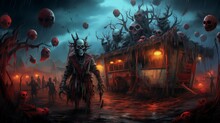 A Sinister Circus With Malevolent Clowns And Cursed Attractions. Digital Concept, Illustration Painting.
