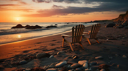 Wall Mural - Two wooden chairs on the beach at sunset. Beautiful seascape.