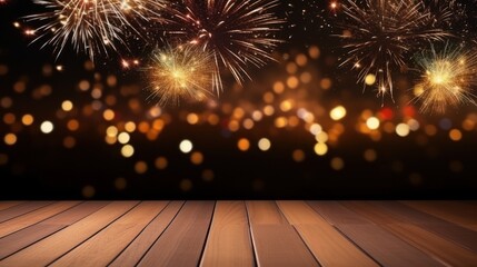 Wood floor empty with bokeh lights on fireworks background, Advertisement, Print media, Illustration, Banner, for website, copy space, for word, template, presentation