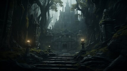 Wall Mural - A dark-fantasy castle hidden in the midst of a foreboding, enchanted forest. Digital concept, illustration painting.