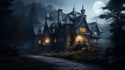 Wall Mural - A dark-fantasy castle hidden in the midst of a foreboding, enchanted forest. Digital concept, illustration painting.