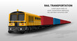 © Nostagrams - Transport logistics rail. Cargo train concept, Rail transportation, Global delivery logistics, Train delivery, Cargo export or import, Container-freight train, warehouse. 3D Vector illustration