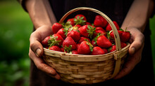 A Male Farmer Holds A Strawberry Harvest In His Hands. Generative AI,