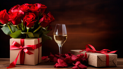 Wall Mural - Beautiful gift roses and wine for Valentine's Day. Generative AI,