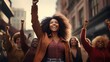 Women's Day. Group of united African American women claiming their power in the streets Generative AI