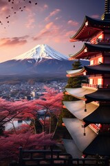 Wall Mural - Illustration japan temple or Chureito pagoda and fuji mountains in the backround. Generative ai