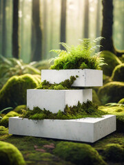 Wall Mural - aged mossy podium in the magical wild forest , empty stage or stand background under the sunrise, volumetric sunray or sunlight