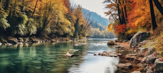 beautiful nature landscape river flow in autumn forest, generative ai