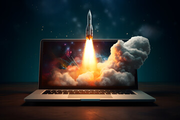 Rocket coming out of laptop screen. Innovation and creativity concept