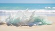 A serene display of pale blue and seafoam green feathers with waves on a sandy background.