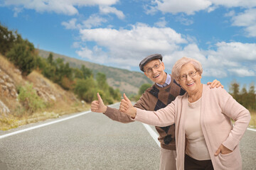 Poster - Cheerful senior couple hitchhiking