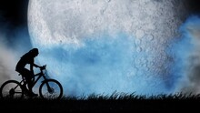Silhouette of a girl riding a bicycle against the background of a blue moon. She drinks water from a bottle.