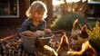 A child talks to the chickens and feeds them grain from their bucket