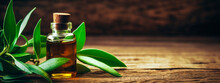 Tea Tree Essential Oil In A Bottle. Generative AI,