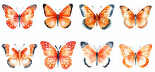 Orange Watercolor Aquarelle Butterfly Set Butterflies Isolated On Transparent Background Clipart