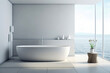 Modern clean bright minimal style of marble bathroom interior decorate with bathtub, mirror and sink, minimal decor concept.