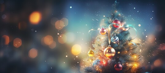 Wall Mural - a Christmas tree with ornaments and decorations in dreamy atmosphere with glitter glow and bokeh light, generative Ai 