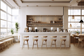 Minimal interior design of cafe or coffee cafe bar shop in clean minimalist style, decorated with warm tone, relaxing tones with glossy ivory white round corner counter and coffee machinery.