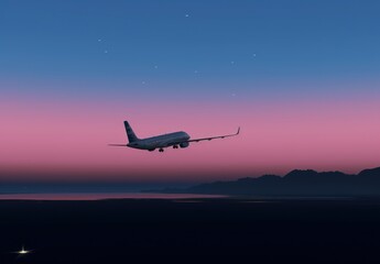 Wall Mural -  a large jetliner flying through a purple and blue sky at night with a star in the sky above it.