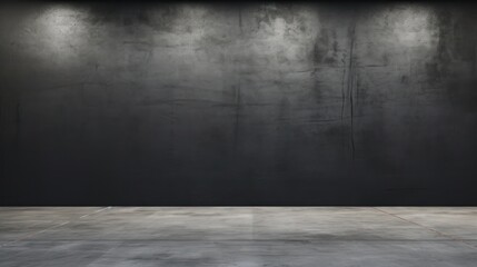 Poster -  a black and white photo of a room with a concrete floor and a black wall with a painting on it.