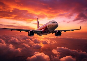 Wall Mural -  a large jetliner flying through a cloudy sky over the ocean at sunset with the sun peeking through the clouds.