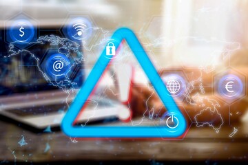 Poster - Businessman hands on laptop with warning sign.