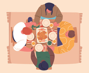 Wall Mural - Top View Friends or Family Characters Gathered Around Festive Table, Bow Heads In Christmas Prayer, Expressing Gratitude