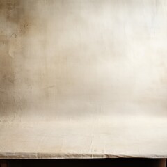 Poster -  a wooden table with a white sheet on top of it in front of a white wall with a black cat sitting on top of it.