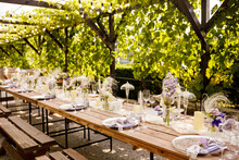 Wedding Decorations. Set Wedding Table With Silver Plates, Purple Napkins, Decorative Fresh And Dried Flowers, Candles And Light Bulbs. Celebration Details, Outdoor Wedding