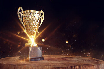Wall Mural - image of trophy over wooden table and dark background, with abstract shiny lights