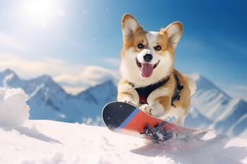 Corgi dog snowboarding in snowy mountains on winter vacation. Funny dog doing extreme sport. Travel with pet concept