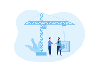 Wall Mural - businessmen shaking hands, construction crane concept flat illustration