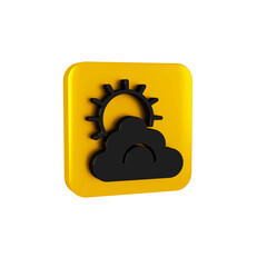 Sticker - Black Sun and cloud weather icon isolated on transparent background. Yellow square button.