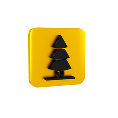 Wall Mural - Black Christmas tree icon isolated on transparent background. Merry Christmas and Happy New Year. Yellow square button.