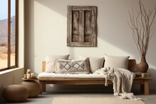 A Fabric Wall Hanging Adorns A Beige Wall Above A Wooden Stool With A Textile Plaid, Showcasing Boho, Ethnic, And Rustic Style Home Interior Design In A Modern Living Room