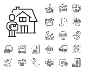 Poster - Courier with package sign. Plane, supply chain and place location outline icons. Delivery man line icon. Things deliver symbol. Delivery man line sign. Taxi transport, rent a bike icon. Vector