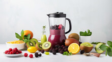 blender or mixer and fresh ingredients for smoothies and juices from different fruits on the kitchen table. ai generative