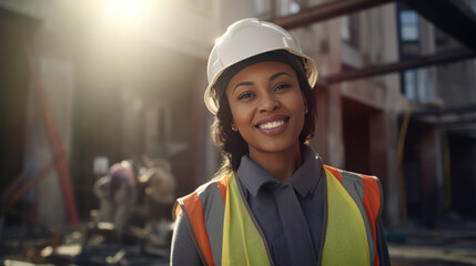 Poster - Smiling woman wearing a safety hardhat and reflective orange vest is standing at a construction site with steel structures in the background.