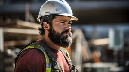 Wall Mural - Smiling construction worker, wearing a hard hat,and a reflective vest, stands confidently at a construction site.