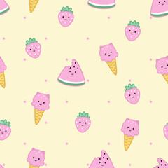 Wall Mural - Seamless pattern of cute kawaii style ice cream, watermelon and strawberry.