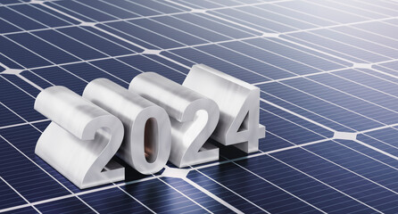 Wall Mural - number 2024, aluminum surface put on solar panels. start the new year with solar power, photovoltaic
