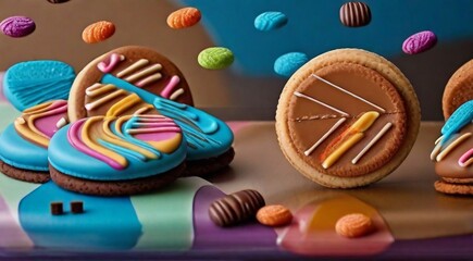 Wall Mural - delicious sweets on abstract background, sweets, chocoltae, donuts, sweet colored biscuits