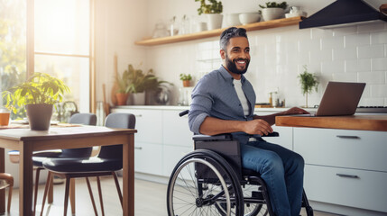 Sticker - Smiling man in a wheelchair works from his home office.