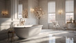 A chic bathroom with marble floors and a freestanding tub