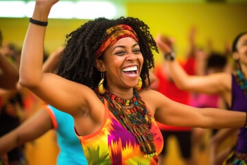 close up of smiling women with coach dancing zumba in gym or studio. fitness, sport, dance and lifestyle concept