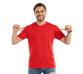 Wall Mural - Clothes Template. Happy man pointing at red t-shirt, mockup for logo or branding design on transparent