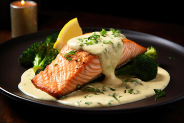 Wall Mural - Salmon with coconut cream sauce on the black plate close up